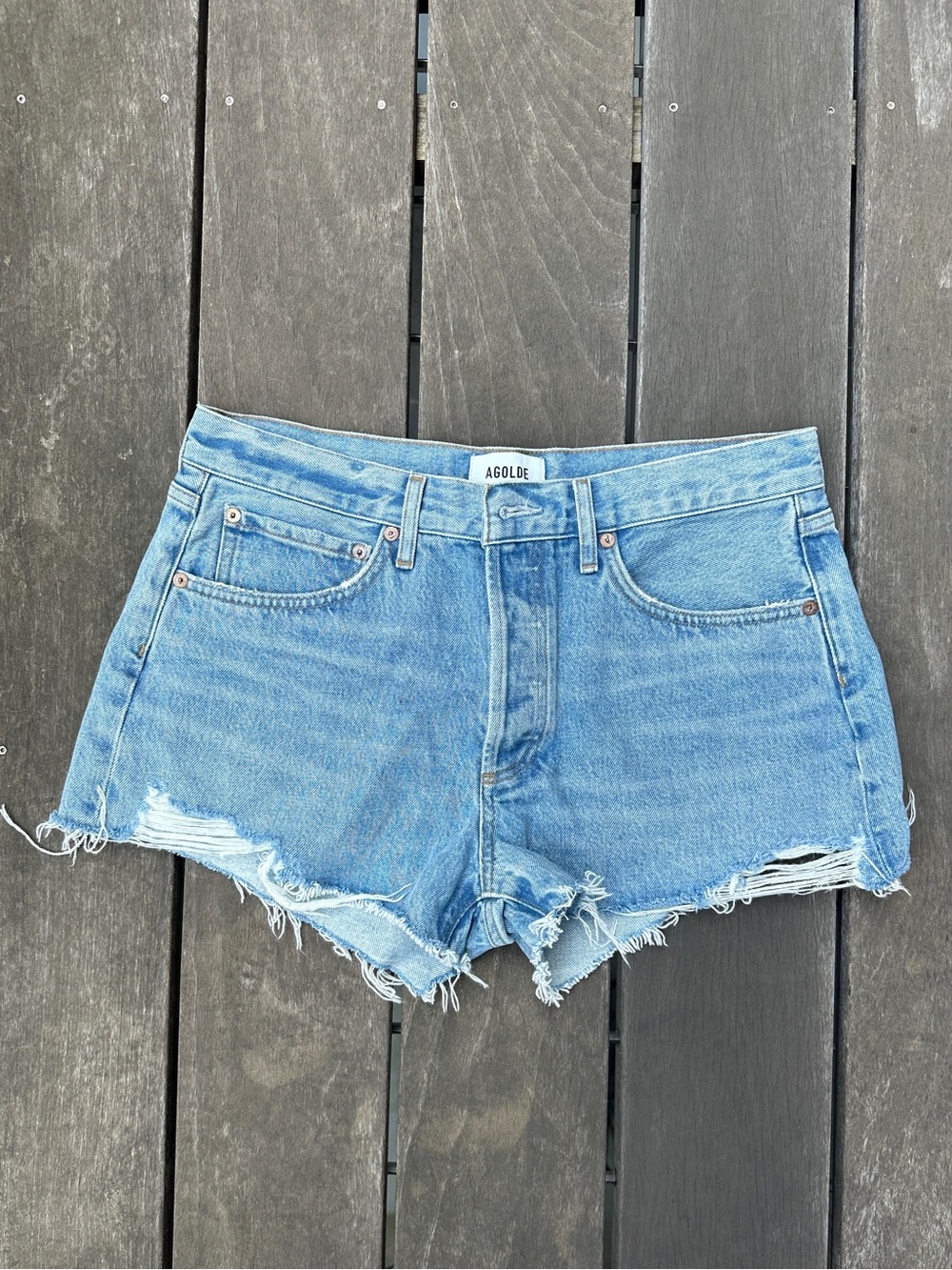 Agolde Light Wash Raw Hem Denim Shorts